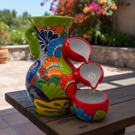 Colorful Green Rim Talavera Fountain | Mexican Ceramic Decor with vibrant hand-painted design