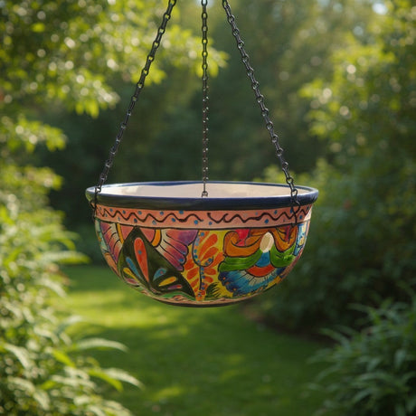 The Talavera Hub hand-painted ceramic hanging planter with blue rim, floral and geometric motifs. Includes chain and drainage hole.