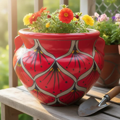 Red Peacock Talavera Planter | Hand-Painted Mexican Pot with flowers