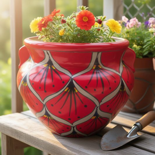 Red Peacock Talavera Planter | Hand-Painted Mexican Pot