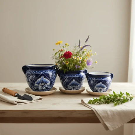 Blue & White Talavera Planter Trio | Hand-Painted Pot Set with flowers