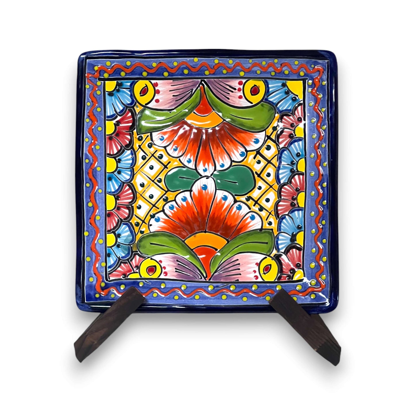 8" Square Talavera Plate | Colorful Mexican Handmade Dish hand-painted cobalt, yellow, red floral geometric square plate for display or dining