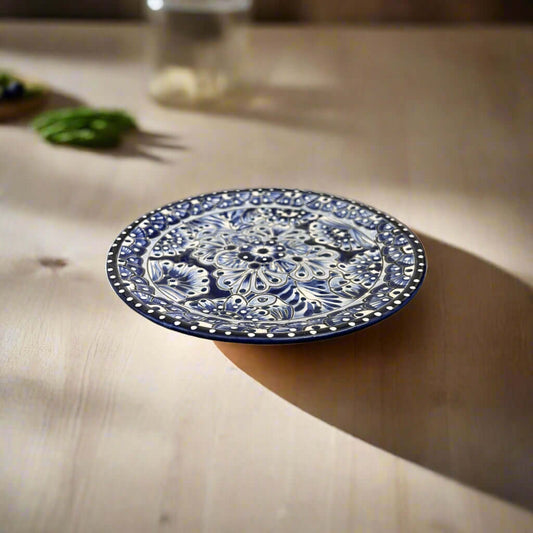 8" Talavera Blue & White Dinner Plate | Mexican Dinnerware hand-painted 8-inch ceramic plate from Guanajuato with blue floral Talavera design