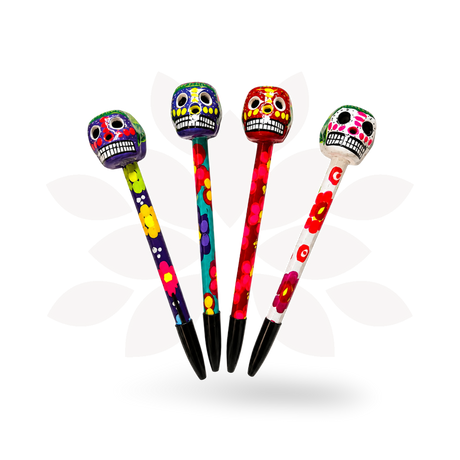 Hand-Painted Sugar Skull Ceramic Floral Pen - Unique Mexican Design - Mexico