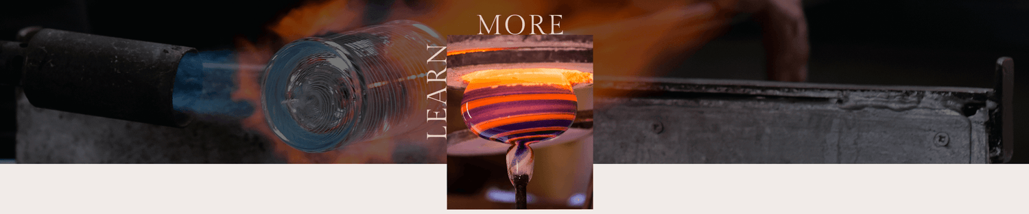 Glassblower shaping molten glass with blowpipe and torch, vibrant orange furnace glow, artisan glassmaking process
