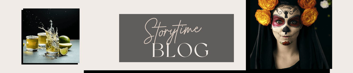 Three-panel collage: lime cocktails with splash, 'Storytime Blog' logo, and woman in colorful Día de los Muertos face paint