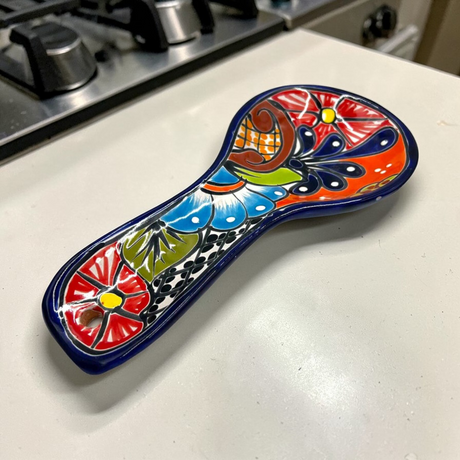 Colorful Mexican Talavera Utensil Rest | Handmade Spoon Rest hand-painted ceramic spoon rest on granite countertop, vibrant floral Talavera design