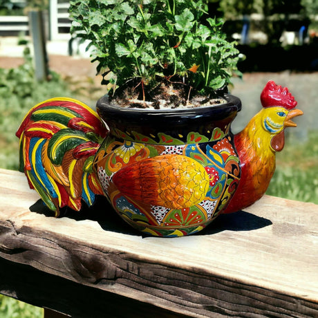 Colorful Talavera Rooster Planter | Handcrafted Mexican Pottery (HUGE) hand-painted glazed rooster planter with greenery