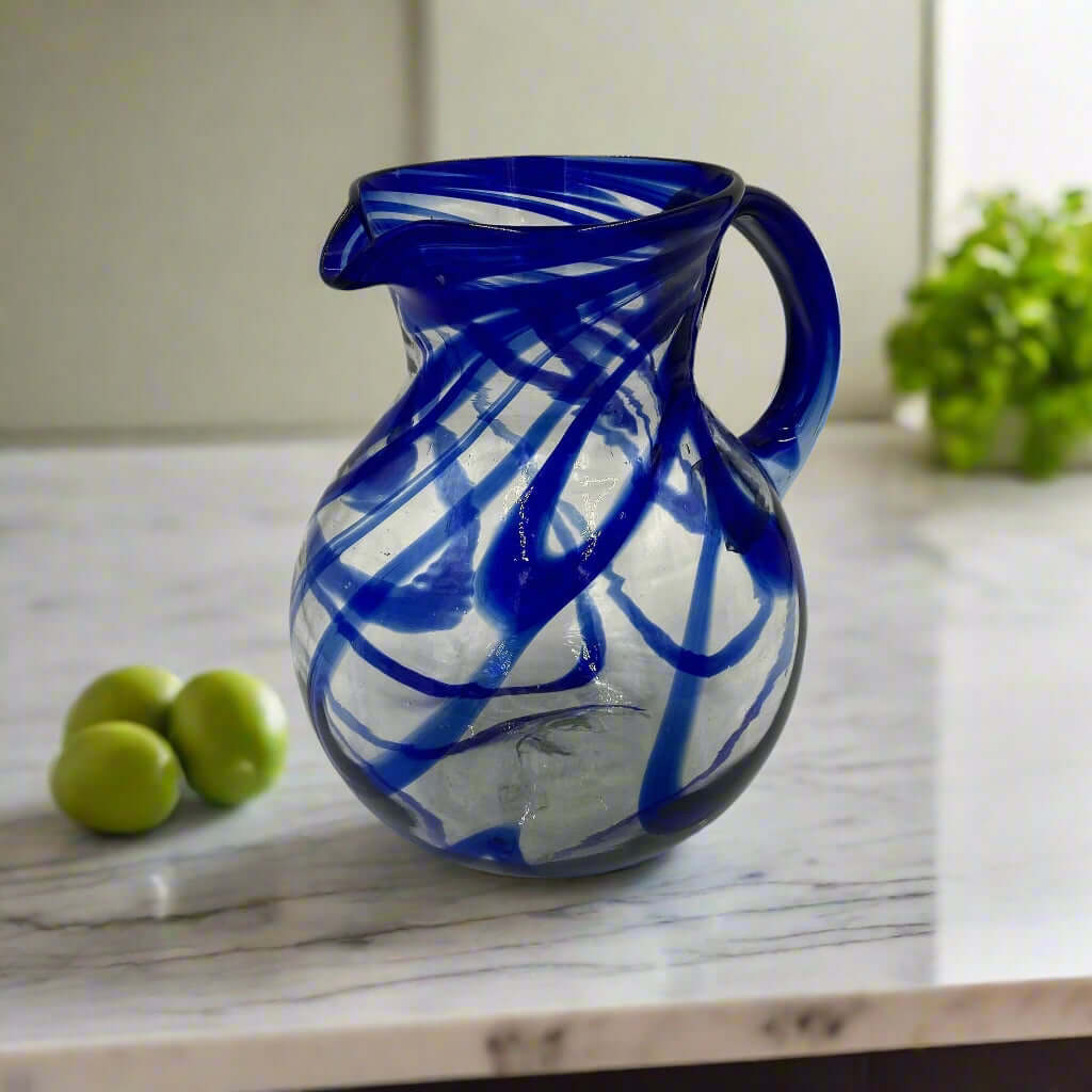 Hand Blown Mexican Glass Pitcher - Blue Swirl