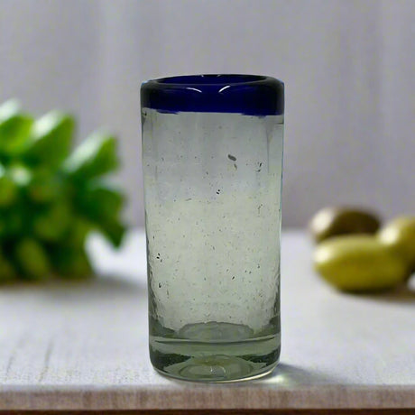 Hand Blown Mexican Shot Glass | Blue Rim Double Shot Glass Set - clear hand-blown shot glass with cobalt rim, subtle bubbles and thick walls