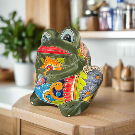 Talavera Frog Planter | Colorful Handmade Mexican Pottery - hand-painted Talavera frog planter with vivid florals, kiln-fired lead-free glaze