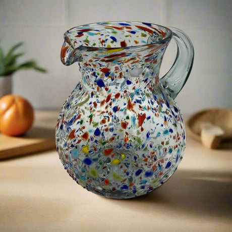 Confetti Glass Pitcher | Hand-Blown Mexican Rock Jug - hand-blown lead-free glass pitcher with colorful confetti specks and rock-textured surface