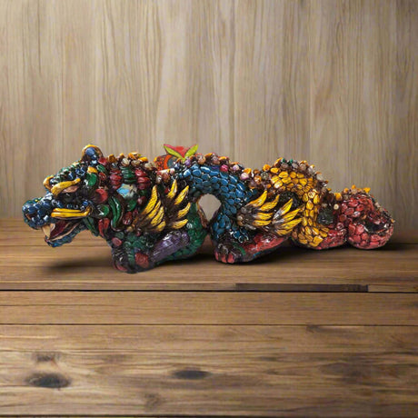 Handmade Aztec Dragon Statue | Cultural Art (Medium Size) colorful handcrafted Aztec dragon statue with detailed scales and gold accents on wooden surface