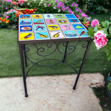 Handmade Mexican Accent End Table | Talavera Lotería Tiles hand-painted tiled top on wrought iron legs, vibrant Mexican lotería design