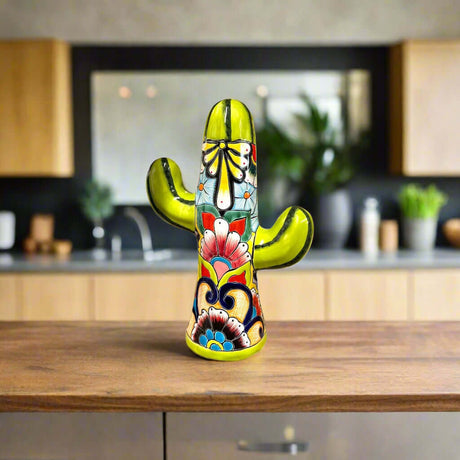 Handmade Talavera Cactus Statue | Medium Size Colorful Cultural Art - hand-painted green Talavera cactus statue from Guanajuato on kitchen counter