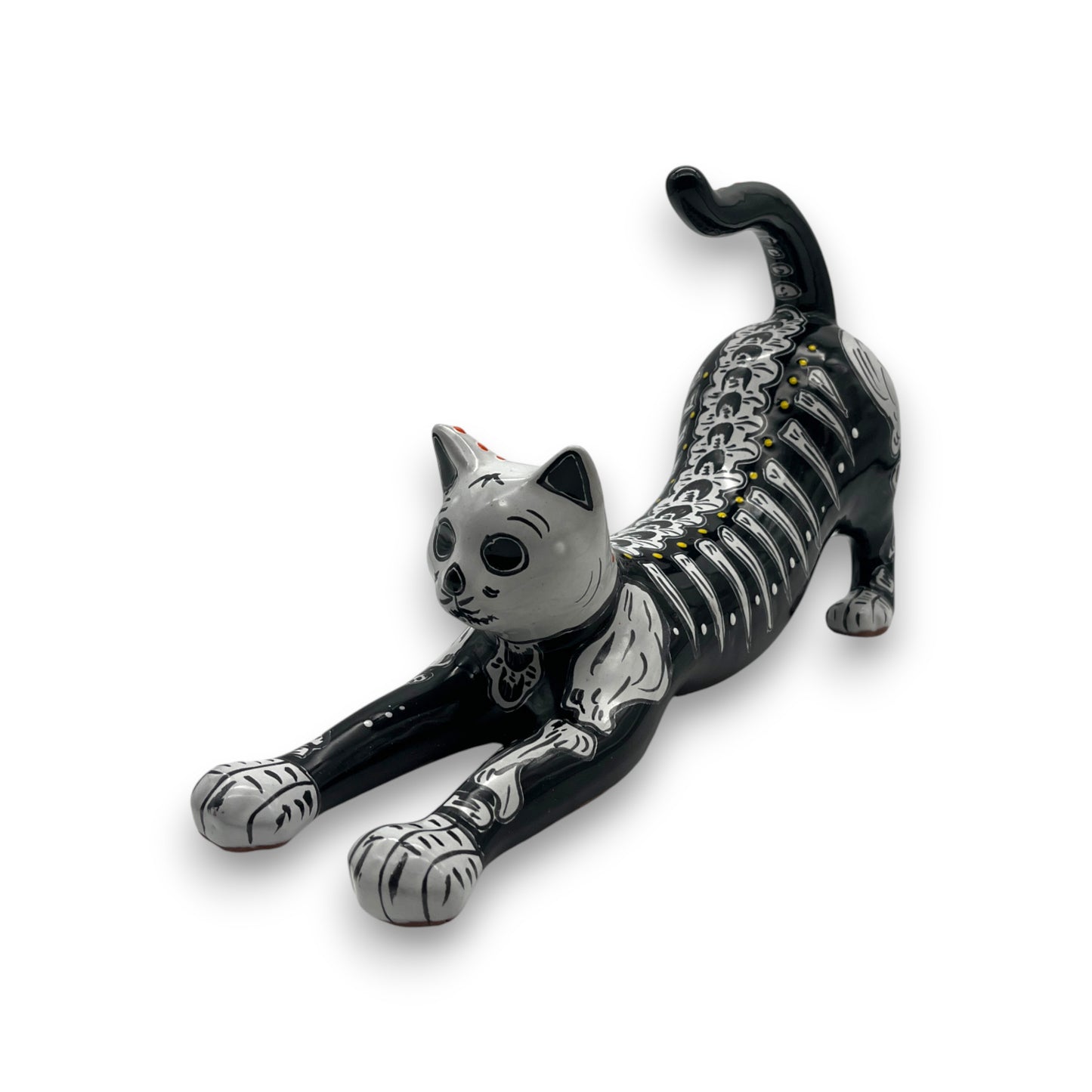 Talavera Stretching Cat Figurine | Hand-Painted Calavera Art