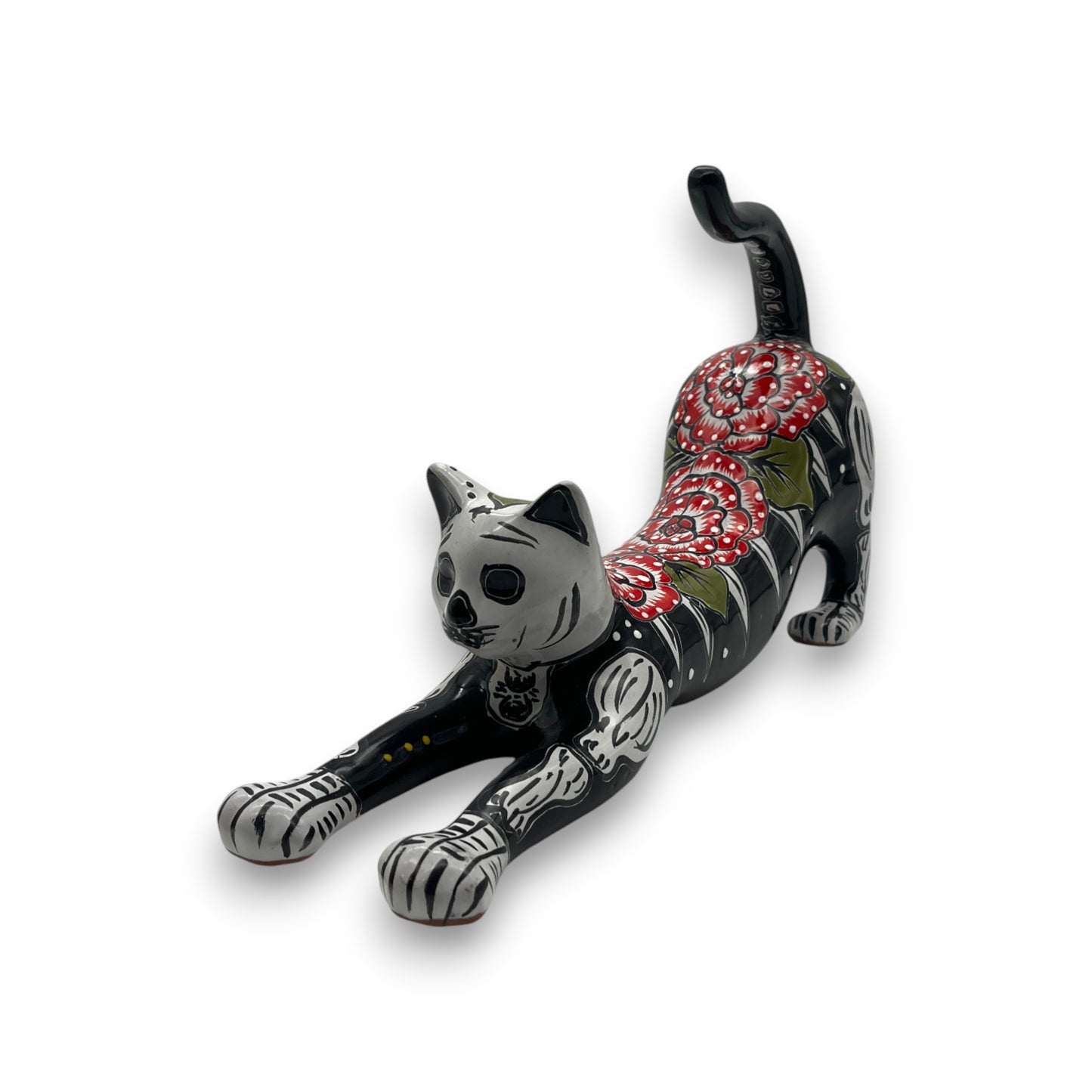 Talavera Stretching Cat Figurine | Hand-Painted Calavera Art