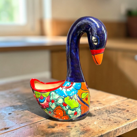 Large Talavera Swan Planter | Colorful Hand-Painted Mexican Pottery - hand-painted colorful swan planter from Guanajuato, vibrant floral design, lead-free glaze