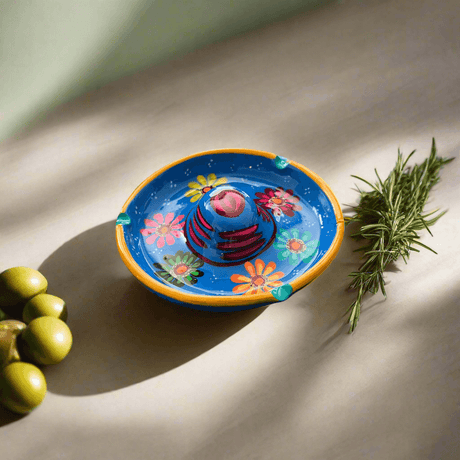 Mexican Handmade Bar Glass Rimmer | Hand-Painted Guerrero Pottery hand-blown blue floral rimmer for cocktail glasses, handcrafted in Guanajuato, Mexico