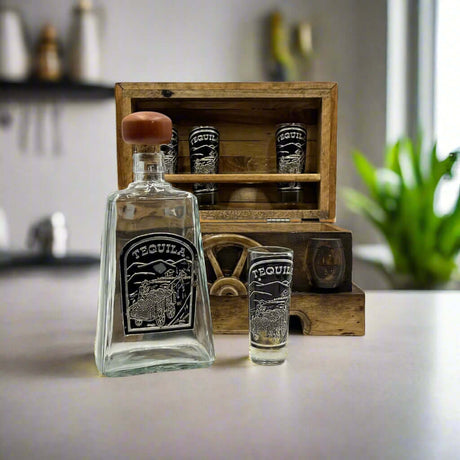 Mexican Shot Glass & Decanter Set | Rustic Wood Chest hand-blown decanter and four shot glasses in rustic wooden chest, Guanajuato craftsmanship