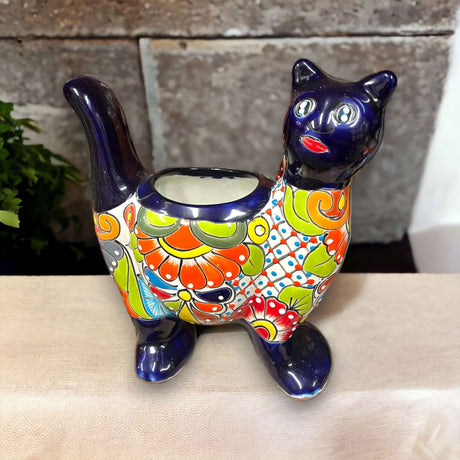 Talavera Cat Planter | Colorful Hand-Painted Mexican Artwork (Medium) - vibrant hand-painted Talavera cat planter with floral patterns