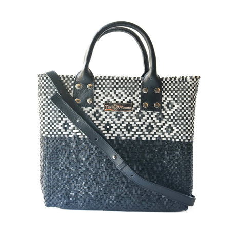 Black Large Woven Crossbody Bag - Black Leather