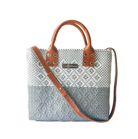 Grey Large Woven Crossbody Bag - Tan Leather