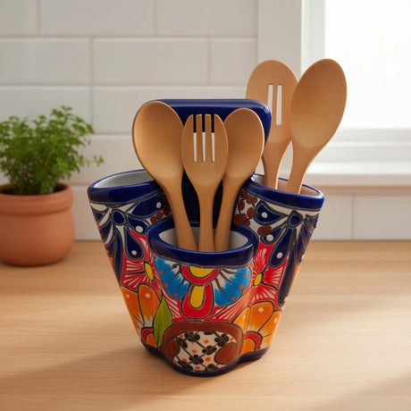 Talavera Utensil Holder | Colorful Handmade Mexican Organizer with wooden spoons