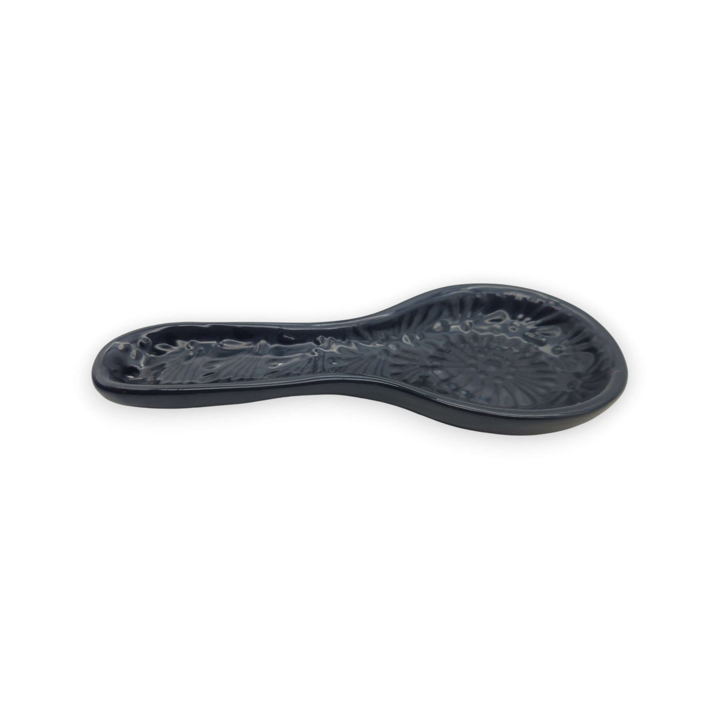 Black on Black Talavera Spoon Rest | Mexican Handcrafted glossy handcrafted ceramic spoon rest with black floral motifs