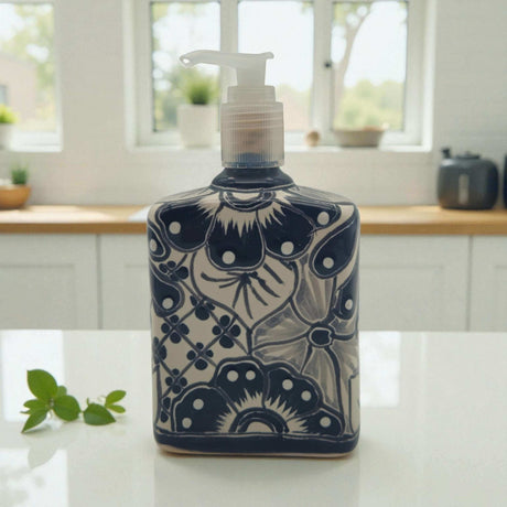 Black & White Talavera Soap Pump | Floral Ceramic Dispenser hand-painted black and white floral Talavera soap dispenser on kitchen counter