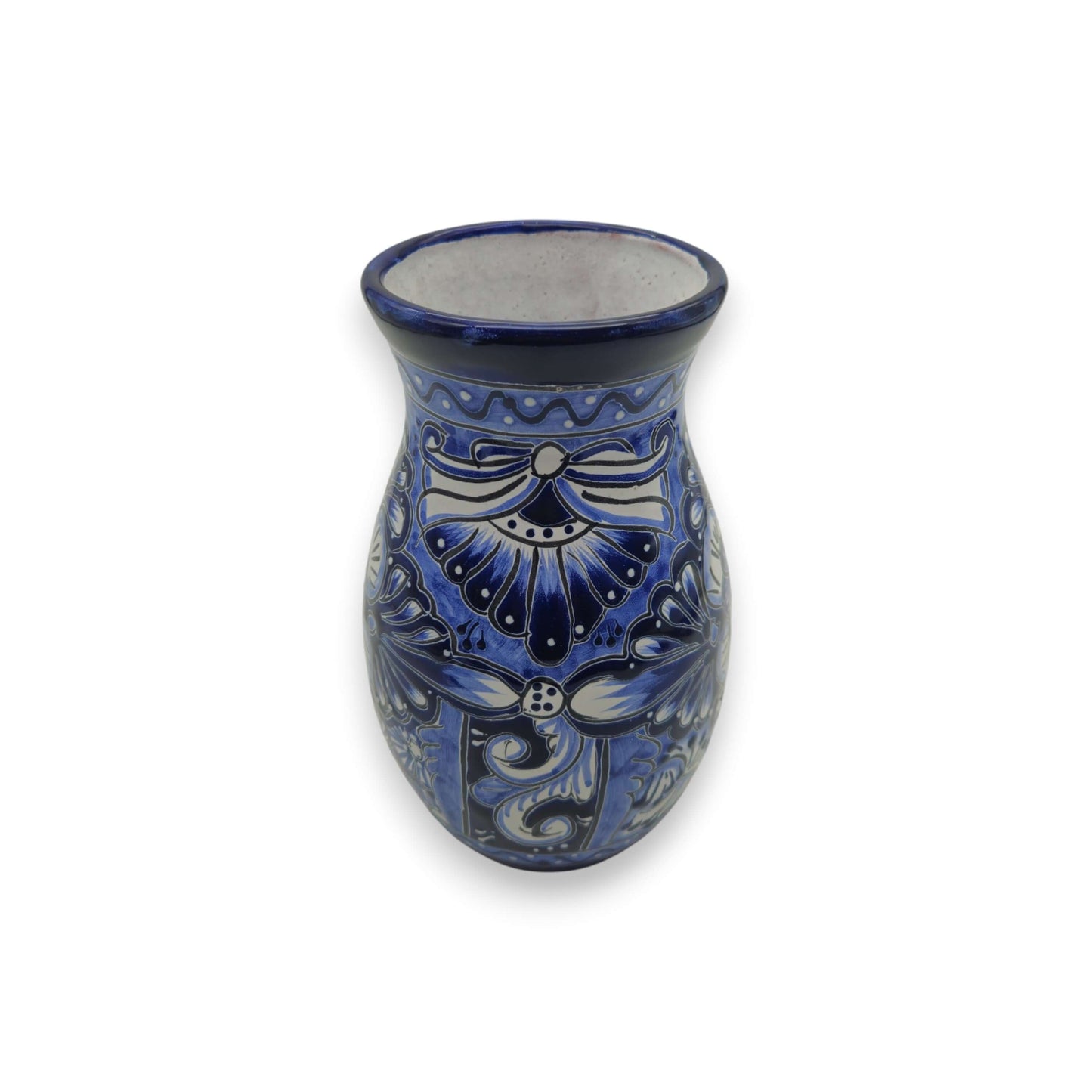Blue Floral Talavera Vase | Hand-Painted Mexican Pottery, deep cobalt blue floral and fish motifs, hand-painted kiln-fired lead-free glaze