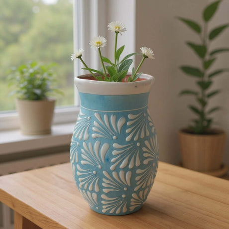 Blue Talavera Vase | Hand-Painted Mexican Pottery with flowers