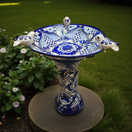 Blue & White Talavera Bird Bath with Rim Birds | Mexican Garden Art, hand-painted blue-white Talavera bird bath with three rim birds on pedestal