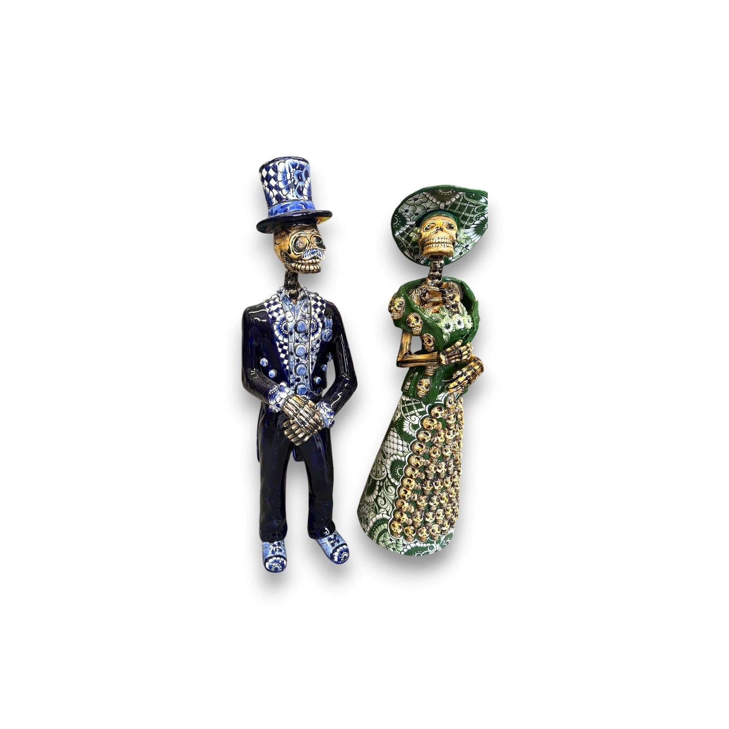 Blue & White Talavera Catrin Statue | Day of the Dead Figurine - hand‑painted Talavera Catrin couple, blue and white ceramic skull figurine