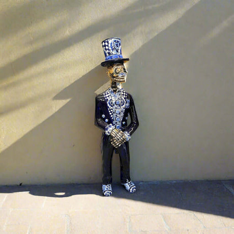Blue & White Talavera Catrin Statue | Day of the Dead Figurine - hand-painted Talavera Catrin in blue and white, kiln-fired, from Guanajuato, Mexico
