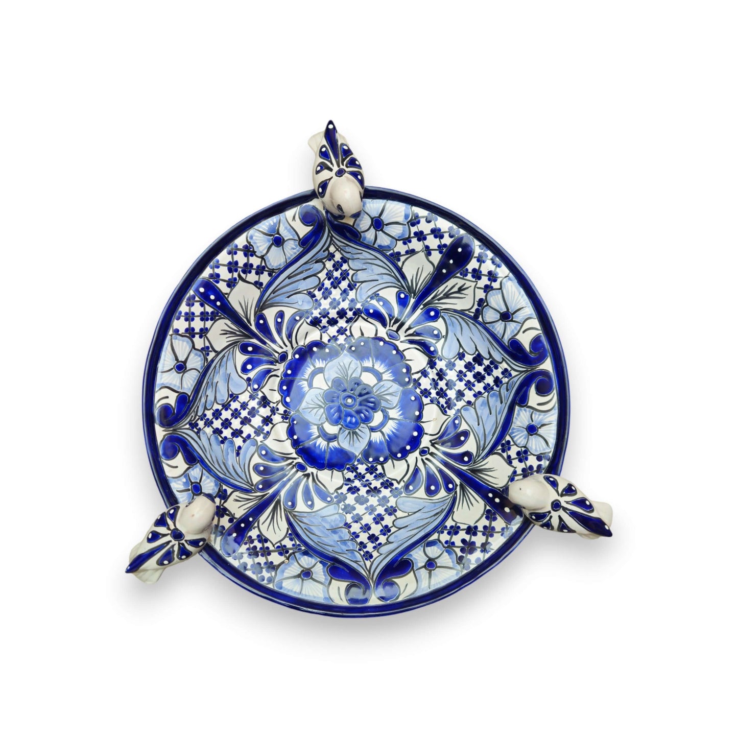 Blue & White Talavera Frog Fountain with Rim Birds | Mexican Garden hand-painted blue and white Talavera rim birds and floral design