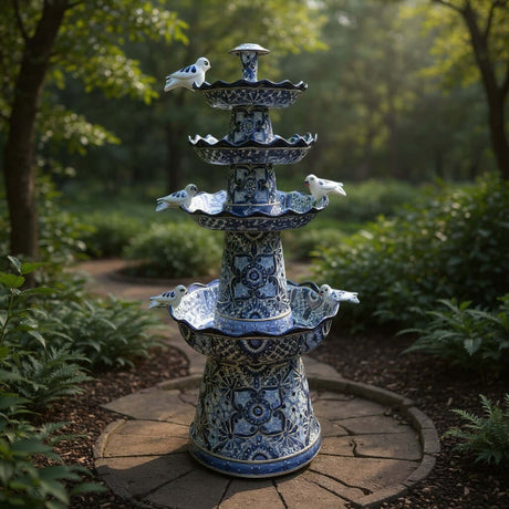 Blue & White Talavera Garden Fountain | Handmade 4-Foot Tiered Art surrounded by lush greenery.