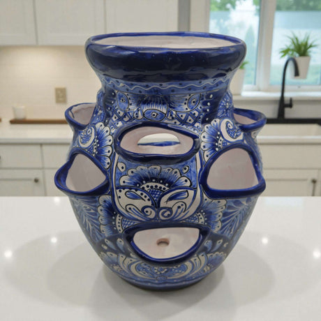 Blue & White Talavera Strawberry Pot | Hand-Painted Ceramic Planter hand-painted cobalt blue floral strawberry planter from Guanajuato, Mexico
