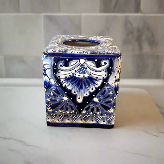 Blue & White Talavera Tissue Box Cover | Vibrant Mexican Decor hand-painted blue-and-white Talavera ceramic tissue box, kiln-fired lead-free glaze