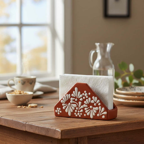 The Talavera Hub brown and white ceramic napkin holder with floral glazed design, 4" tall x 6.75" long.