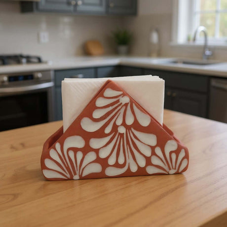 Brown & White Talavera Napkin Holder | Hand-Painted Mexican Decor on dining table