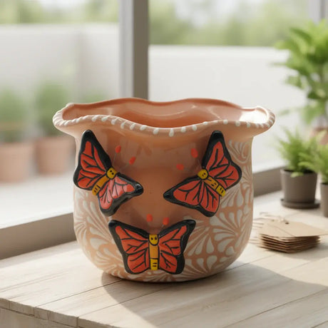 Brown & White Talavera Planter | Monarch Butterfly Accent - handcrafted Mexican ceramic planter with scalloped rim and three orange butterfly accents