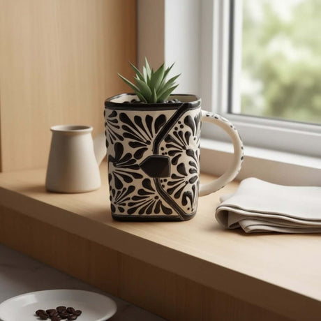 The Talavera Hub brown and white ceramic purse planter with floral motifs. Handcrafted in Mexico, 8" tall.