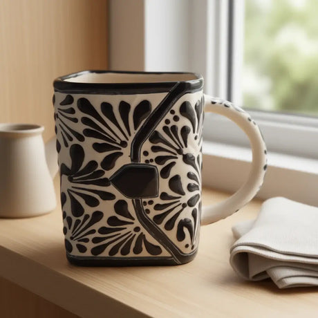 Brown & White Talavera Purse Planter | Handcrafted Pot - handcrafted Mexican purse-shaped ceramic planter with brown floral motifs on creamy white glaze