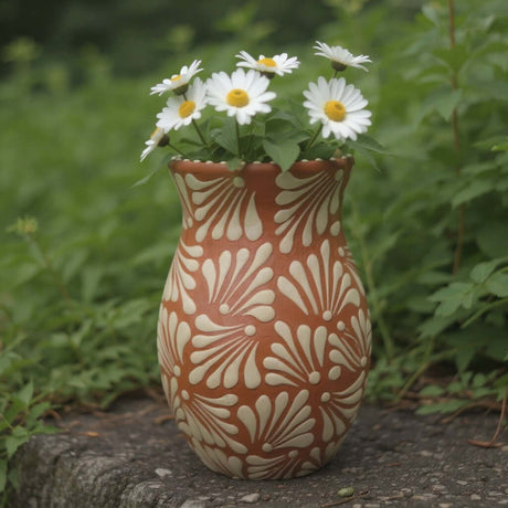 Brown & White Talavera Relief Vase | Hand-Painted Pottery with flowers