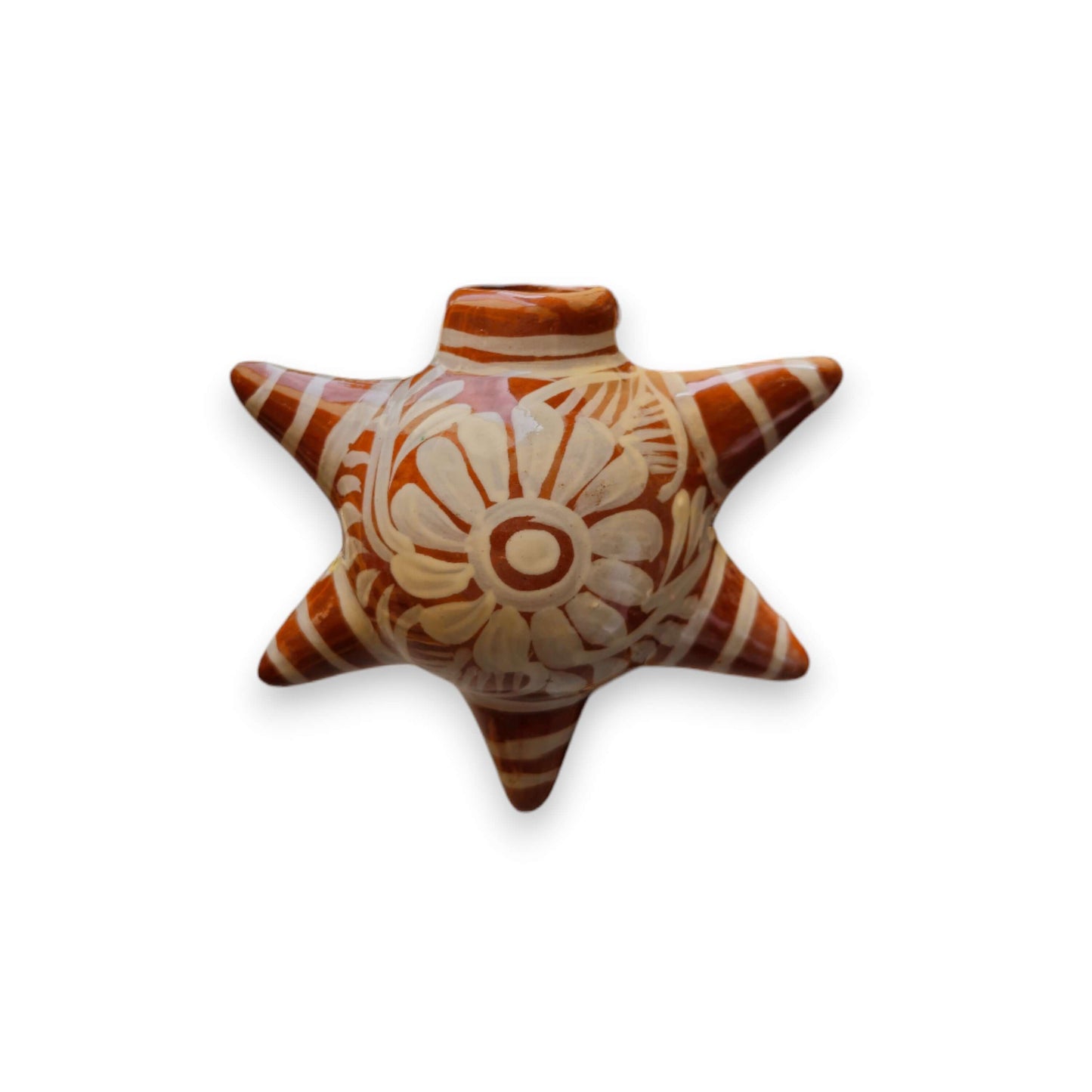 Brown & White Talavera Ornament | Star-Shaped Holiday Folk Art - hand-painted star with white floral motifs on brown base, kiln-fired lead-free glaze