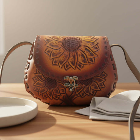 Cincelada Leather Crossbody | Hand Tooled Sunflower Purse on a wooden table.