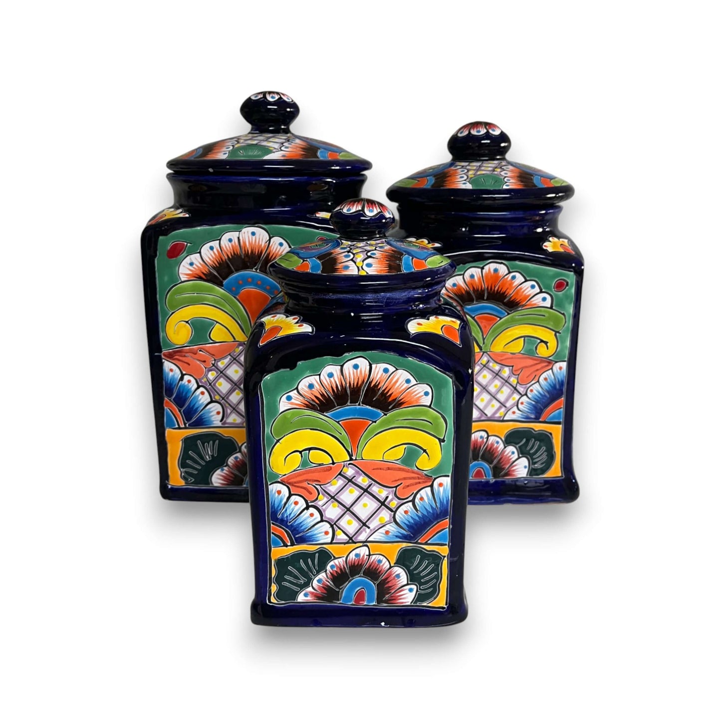 Cobalt Blue Talavera Canister Trio | Mexican Hand-Painted Storage - set of three hand-painted cobalt blue ceramic canisters with floral motifs