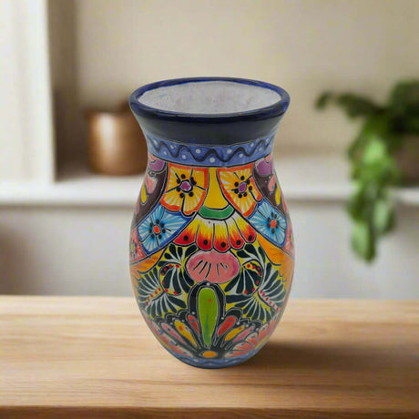 Cobalt Rim Talavera Vase | Multicolor Mexican Pottery hand-painted floral ceramic vase with deep blue rim
