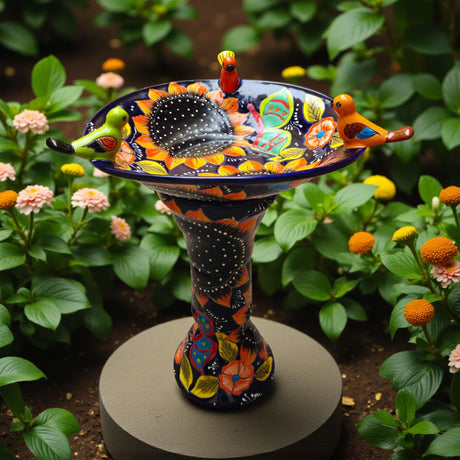 Cobalt Talavera Bird Bath | Hand-Painted Sunflower Art - handcrafted cobalt blue Talavera bird bath with sunflower motifs and colorful perched birds